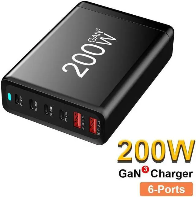 Main image of LUOM 200W GaN USB C Quick Charge QC3.0 PD 3.0 TypeC 6-Port Supercharge Plug For iPad iPhone Samsung Xiaomi Universal Fast Charger - Black