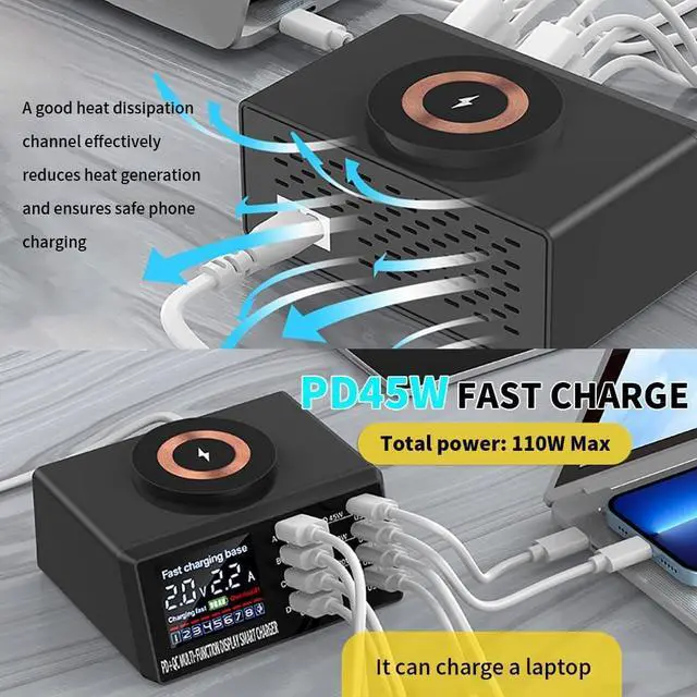 Alt view image 4 of 7 - LUOM 110W Charging Station for Multiple Devices, 8 Port Fast Multi Charger Station Charging Dock with 15W Wireless Charging for iPhone, iPad, Kindle, Tablet, Cellphone and Others