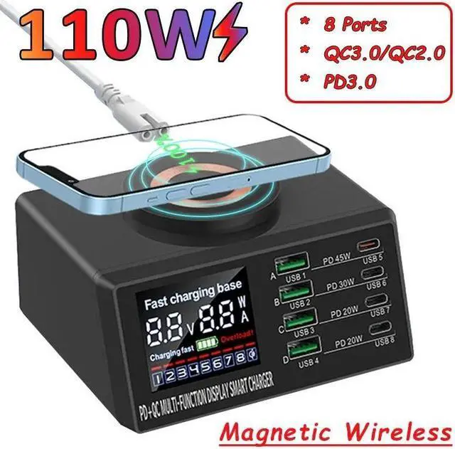 Main image of LUOM 110W Charging Station for Multiple Devices Apple iPhone iPad Airpods, 4C4A (C1 45W + C2 30W+C3/C4 20W) + 15W Wireless Charging, USB C Fast Charger for Cell Phone, Tablet