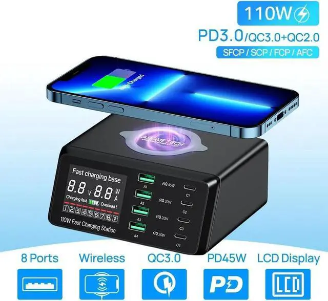 Main image of LUOM 110W Charging Station with Wireless Charging, 8-Port USB Charging Station, Desktop Laptop Charger Portable USB-C Power Adapter for iPhone iPad Tablets Smartphones, Home Office Use