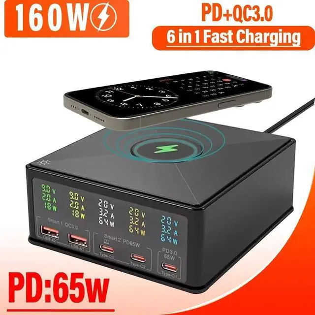 Main image of LUOM 160W Charging Station with Wireless Charging, 5-Port USB Charging Station, Desktop Laptop Charger Portable USB-C Power Adapter for iPhone iPad Tablets Smartphones, Home Office