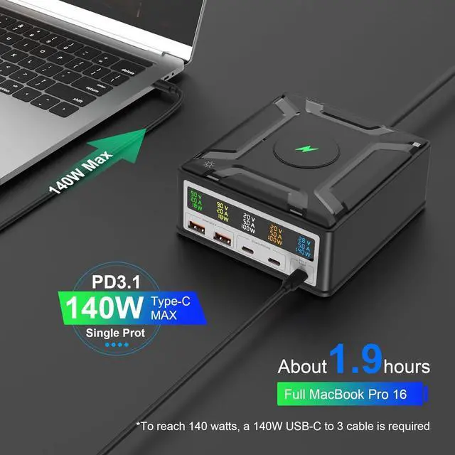 Alt view image 4 of 7 - LUOM 260W 5 Port GaN USB C Charging Station Hub Block Charger Power Strip Adapter Plug Cube, 3C2A (A1/A2 QC3.0 18W + C1/C2 100W + C3 140W) + 15W Wireless Charging for Cell Phone, Tablet
