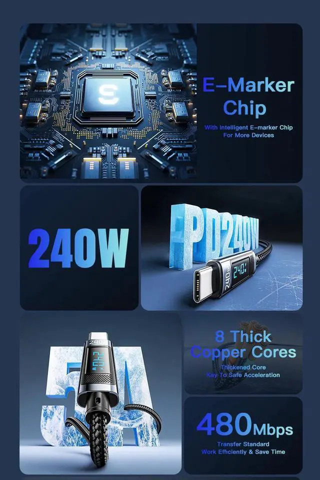 Alt view image 3 of 7 - LUOM LED Display USB C Cable 240W 1-Pack 3.3FT Compatible with MacBook Pro 2022, iPad Pro 2022, iPad Air 5, Galaxy S22 Ultra, Pixel, PS5, Switch, etc.