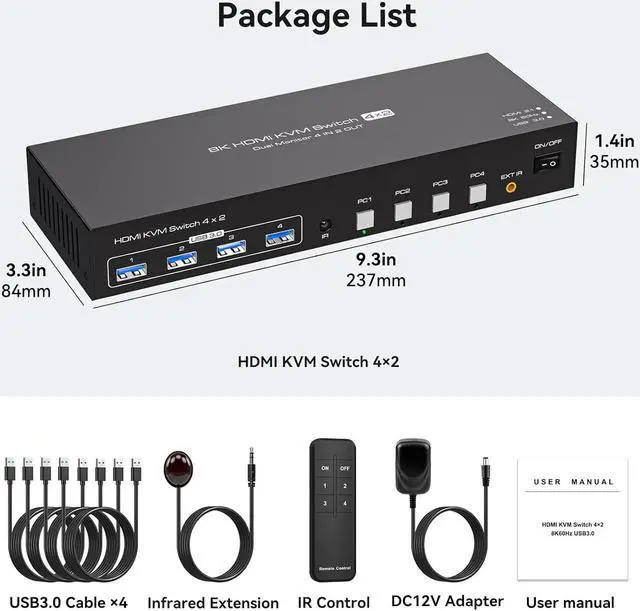 Alt view image 7 of 7 - LUOM HDMI KVM Switch 2 Monitors 4 Computers, with 4 USB 3.0 Hub, 8K@60Hz Ultra HD Resolution, Dual Monitor KVM Switch HDMI 2.1 Via Button Switch, Plug and Play