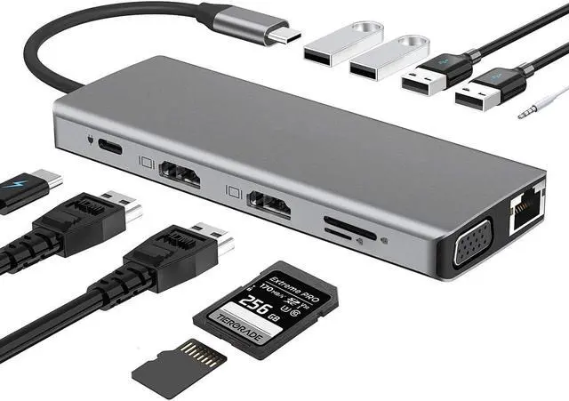 Main image of LUOM USB C Hub, Docking Station, 12 in 1 USB C Adapter Dongle with Dual HDMI 4K VGA 1080P 1000Mbps Ethernet PD 3.0 100W 4 USB TF/SD Card Slot, Audio Laptop Docking