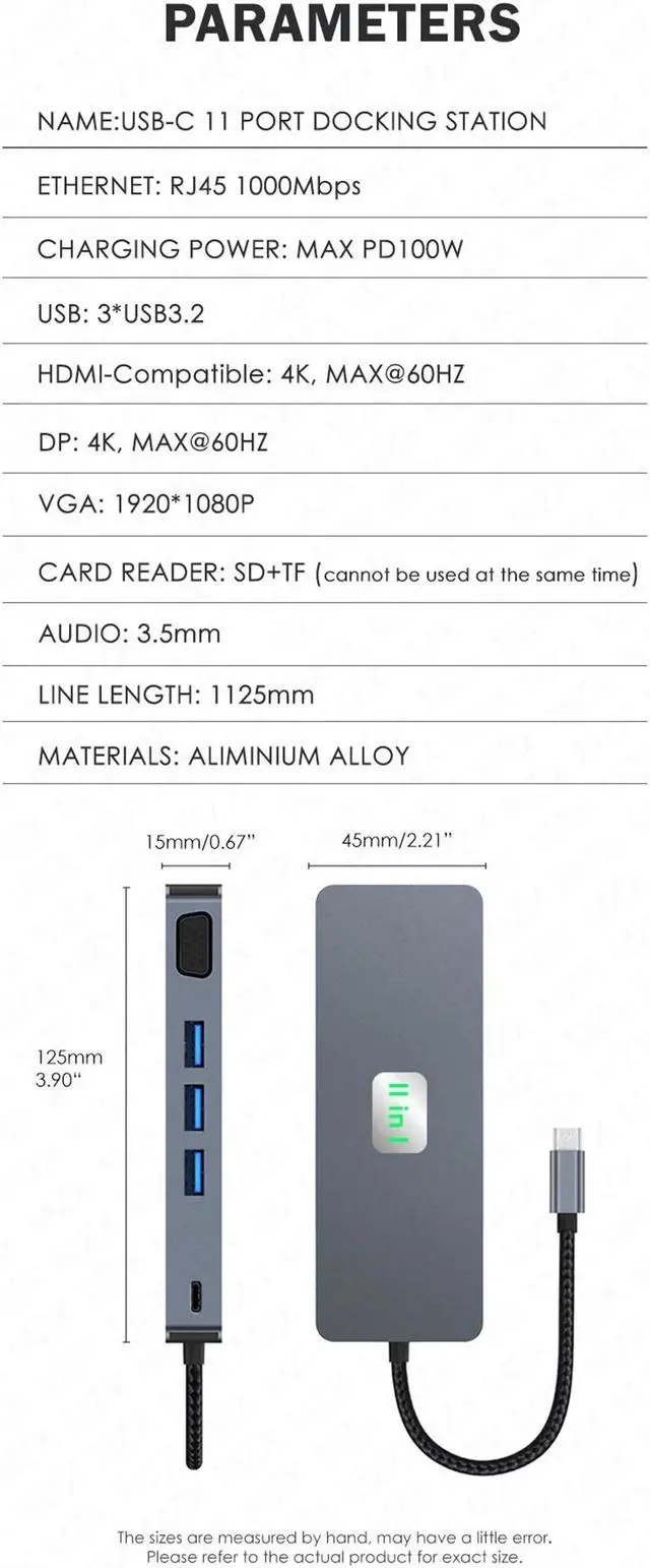 Alt view image 7 of 7 - LUOM USB C Triple Monitor Docking Station for Type-C Laptops, 11 in 1 Triple Display USB C Hub Adapter w/ 4K HDMI+4K DP+VGA+3 USB3.2+100W PD+Ethernet+SD/TF+Audio