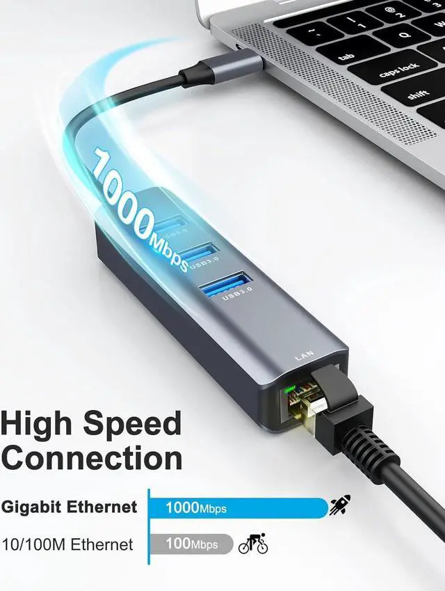 Alt view image 3 of 7 - LUOM USB C to Ethernet Adapter, 4 in 1 USB C Hub Ethernet with 3 USB 3.0 Ports/Gigabit Rj45, Plug & Play, Thunderbolt (3/4) to Network Adapter for MacBook Pro/Air, XPS, iPad Pro, iPhone 15 Pro/Max