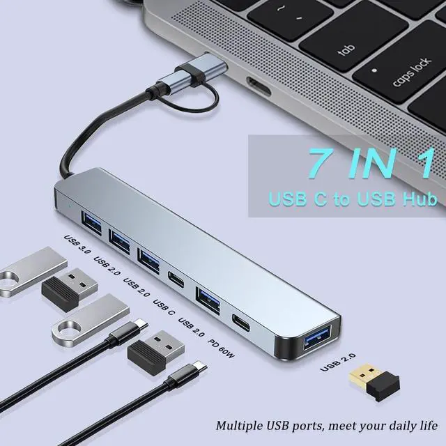 Alt view image 2 of 7 - LUOM Aluminum 7 in 1 USB C Hub with USB 3.0,7 Ports with 2* USB-C and 5* USB-A, Ultra Slim Portable USB Splitter Adapter for Laptop, PS4, Flash Drive, HDD, Xbox, Printer, Mouse, Keyboard