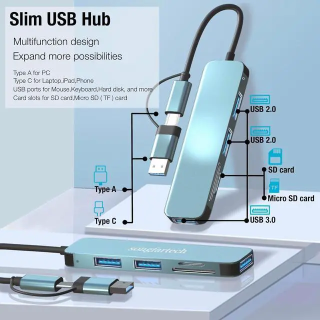 Alt view image 3 of 7 - LUOM Aluminum 5 in 1 USB Hub USB C Hub, Multiport USB Splitter Expand with 3 USB Port & TF/SD Card Reader for MacBook Pro Air, for iPad Pro Laptop, Phones and More Devices