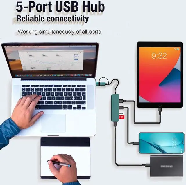 Alt view image 2 of 7 - LUOM Aluminum 5 in 1 USB Hub USB C Hub, Multiport USB Splitter Expand with 3 USB Port & TF/SD Card Reader for MacBook Pro Air, for iPad Pro Laptop, Phones and More Devices