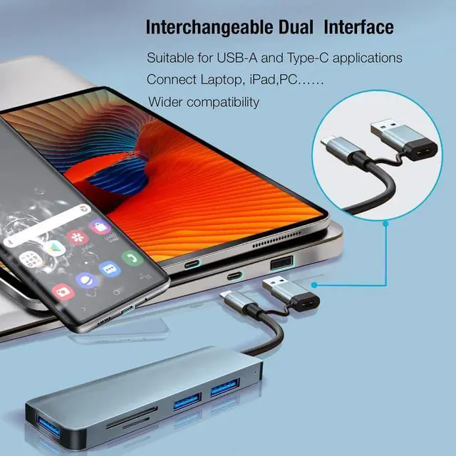 Alt view image 5 of 7 - LUOM Aluminum 5 in 1 USB Hub USB C Hub, Multiport USB Splitter Expand with 3 USB Port & TF/SD Card Reader for MacBook Pro Air, for iPad Pro Laptop, Phones and More Devices