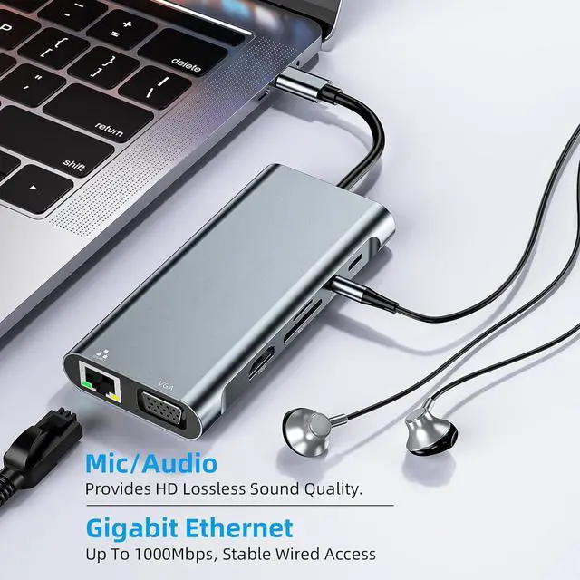 Alt view image 5 of 7 - LUOM USB C Docking Station with 4K HDMI, VGA, 1000M RJ45, USB-C, 3*USB 3.0 Ports, 100W USB-C PD, 3.5mm Aux Ports, USB C Hub Compatible with MacBook Pro, iPhone 15, iPad Air, XPS, and More