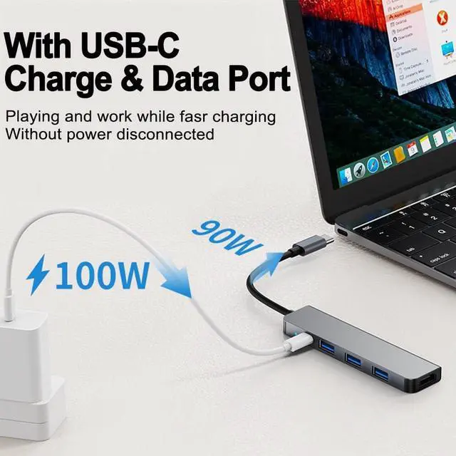 Alt view image 4 of 7 - LUOM USB C Hub, 5 in 1 USB-C Splitter Thunderbolt 3 Hub to 4K HDMI Adapter for MacBook, 3* 5Gbps USB 3.0 Port, 100W PD, Type C Dongle Compatible with MacBook Pro Air