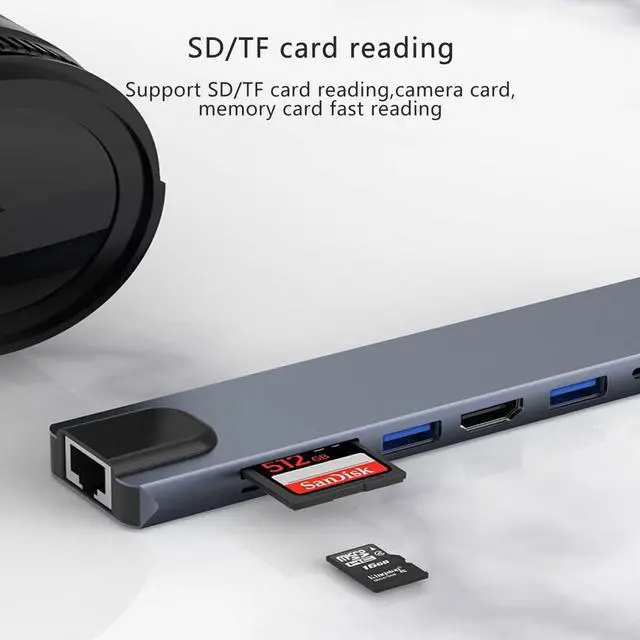 Alt view image 7 of 7 - LUOM 8 in 1 USB C Hub with 4K HDMI, 100W PD, USB 3.0, USB2.0, TF/SD Card Reader, TF/SD Card Reader, Ethernet, Ultra Slim Portable USB Splitter Adapter for Laptop, HDD, Printer, Mouse, Keyboard