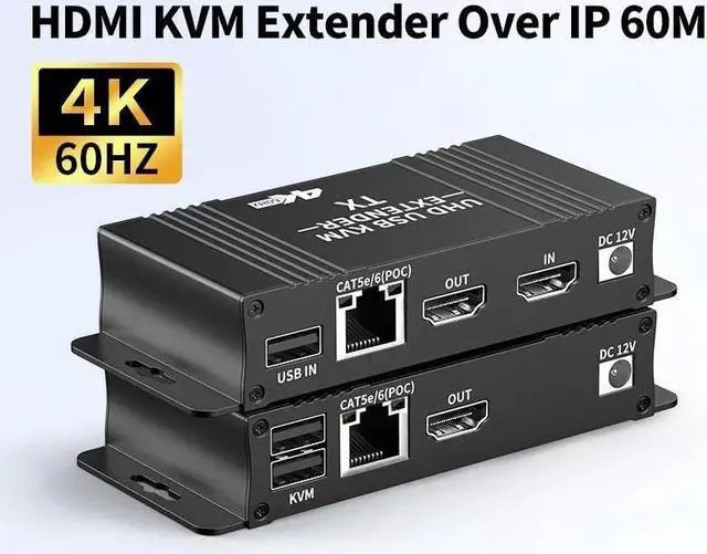 Main image of Jansicotek HDMI KVM USB Extender 4K@60Hz Over Cat5e/6 Ethernet Cable 60m (196ft) for Mouse and Keyboard Control Remote Signals (Transmitter and Receiver)