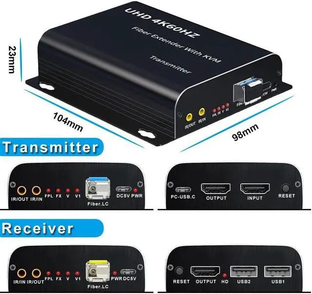 Alt view image 2 of 7 - LUOM 4K 60hz HDMI KVM Fiber Extender Multifunction HDMI Video Optical Transceiver 4K Full HD HDMI to Fiber Converter Single-Mode Up to 20KM Support USB Mouse Keyboard KVM