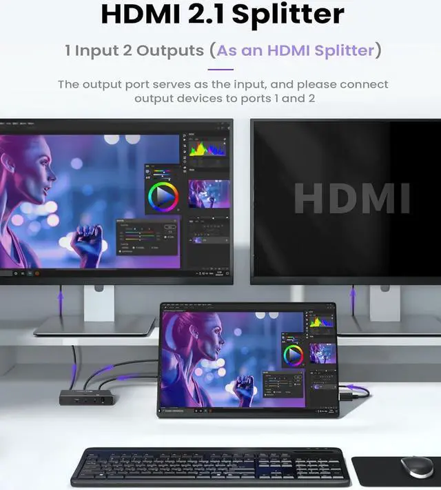 Alt view image 3 of 7 - LUOM HDMI 2.1 Switch 8K@60Hz, Bi-Directional HDMI Switcher 4K@120Hz, Aluminum HDMI Splitter 2 in 1 Out 48Gbps Ultra HD VRR, Dynamic HDR, HDCP 2.3 Compatible with Xbox Series X PS5 Fire Stick