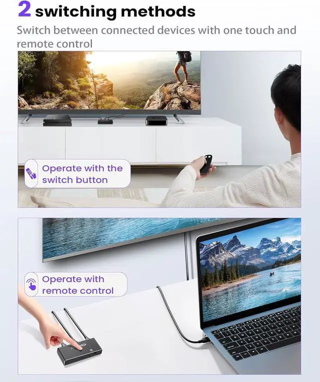 Alt view image 4 of 7 - LUOM HDMI 2.1 Switch 8K@60Hz, Bi-Directional HDMI Switcher 4K@120Hz, Aluminum HDMI Splitter 2 in 1 Out 48Gbps Ultra HD VRR, Dynamic HDR, HDCP 2.3 Compatible with Xbox Series X PS5 Fire Stick