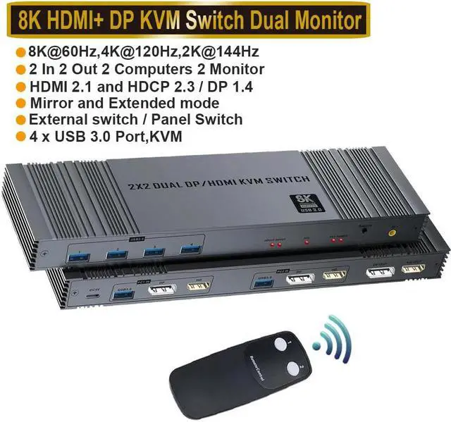 Main image of LUOM HDMI DP KVM Switch with Remote Control, Dual Monitor 2 Port 8K@60Hz 2 Monitors 2 Computers USB 3.0 KVM Switcher PC Extended Display for 4 USB Devices Like Mouse Keyboard Printer Gamepad