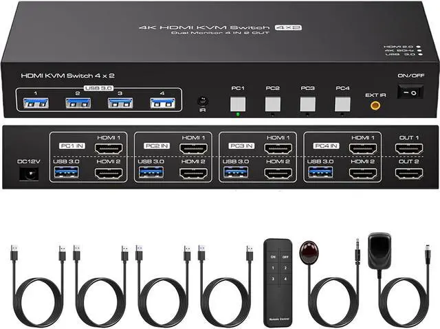 Main image of LUOM HDMI+HDMI KVM Switch 2 Monitors 4 Computers, with 4 USB 3.0 Hub, 4K@60Hz Ultra HD Resolution, Dual Monitor KVM Switch HDMI2.0 Via Button Switch, Plug and Play