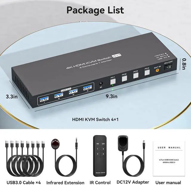 Alt view image 7 of 7 - LUOM 4X1 HDMI KVM Switch,4K@60Hz 2K@120Hz HDMI KVM Switch 1 Monitor 4 Computers Share 4 USB3.0 Keyboard Mouse Printer,for Esports Gaming,3D Graphics Video,Wired Controller & USB Cable