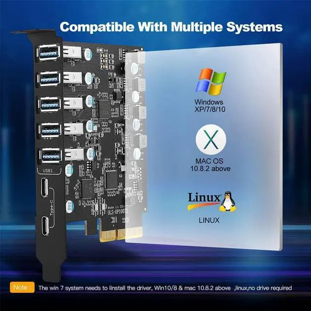 Alt view image 7 of 7 - LUOM USB 3.0 PCI-e Expansion Card 7Port(2X USB C - 5X USB A), PCI-e x1 to USB 3.0 HUB Adapter 5Gbps
