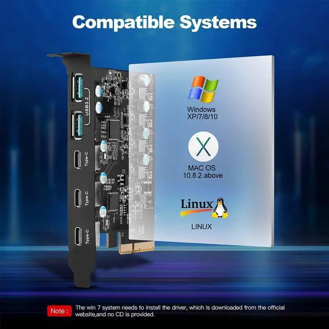 Alt view image 7 of 7 - LUOM 5-Ports PCI-E to USB 3.2 HUB(3X USB C - 2X USB A 3.2) PCI Express Expansion Card Adapter 10Gbps for Motherboard, Fits PCI Express x1, x4, x8 or x16 socket.