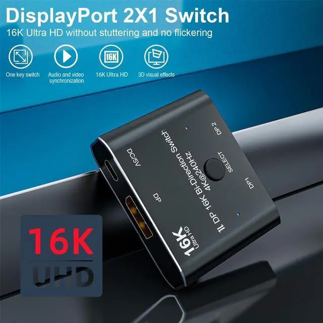 Alt view image 2 of 7 - LUOM Displayport Switch 16K Bidirectional DP 2.0 Switch 16K @60Hz 4K @240Hz Displayport Switcher 1 to 2 / 2 in 1 Out with LED Indicator for Monitor Projector TV PC Laptop and More