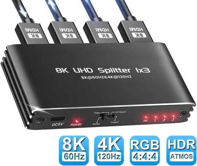 Main image of LUOM 8K@60Hz HDMI Splitter 1 in 3 Out, 1x3 HDMI 2.1 Splitter Support 4K@120Hz, 1080P@240Hz VRR HDCP2.3 HDR HDR10 48Gbps EDID Dolby Atmos 7.1ch