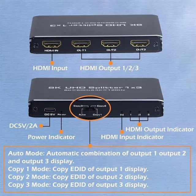 Alt view image 7 of 7 - LUOM 8K@60Hz HDMI Splitter 1 in 3 Out, 4K@120Hz HDMI 2.1 Splitter 1 in to 3 Identical Outputs for Dual Monitors,Support EDID, HDCP2.3, VRR ALLM,48Gbps,3D,Dol-by Vision