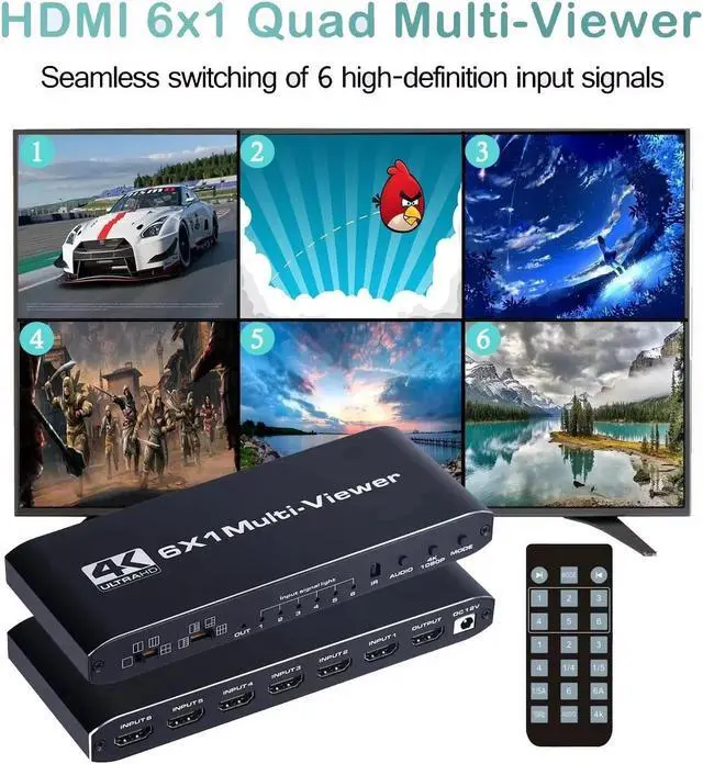 Main image of LUOM 4K HDMI Multiviewer Switch 6x1, 6 in 1 Out Seamless HDMI Multi-Viewer Switch with IR Remote,Split Screen TV Supports 8 Viewing Modes, 4k@30hz, 1080P,Downscaler, 36bit, 10.2Gbps