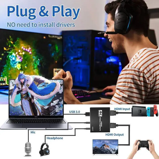 Alt view image 4 of 7 - LUOM 4K Video Capture Device Video Capture Card 1080P 60fps, Dongle HDMI-compatible to USB for Game Record Live Streaming Broadcast Support 4K@60Hz HDMI Passthrough