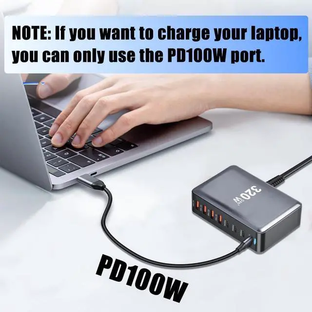 Alt view image 5 of 7 - LUOM 8-Port USB C Charger 320W QC3.1 PD3.1 GaN Charger Type C Adapter GaN Tech with Fast Desk Charger Compatible for iPhone, MacBook Pro, iPad Pro, Switch, Galaxy S22/S21