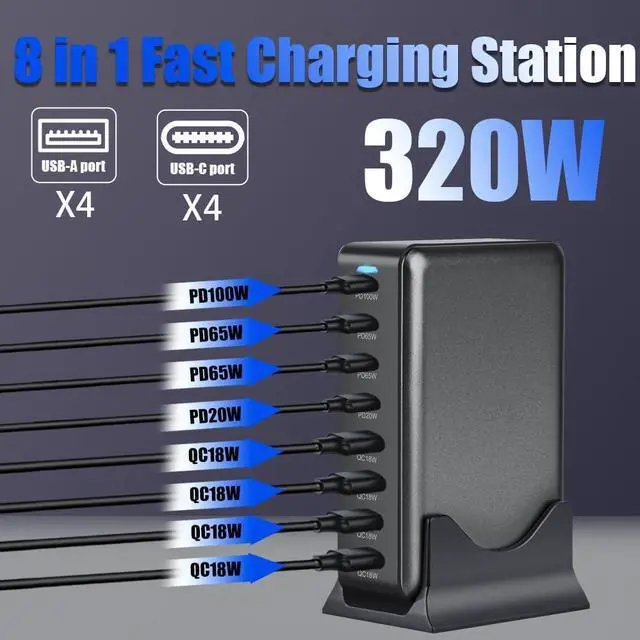 Alt view image 2 of 7 - LUOM GaN 320W 8-Port USB-C USB-A Charger QC3.1 PD3.1 Type C Fast Charging Mobile Phone Charging Station GaN Tech Laptop USB C Power Adapter Block for Mobile Phones Tablet