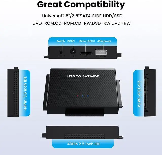 Alt view image 6 of 7 - LUOM SATA/IDE to USB C Adapter, Hard Drive Reader Adapter Ultra Recovery Converter for 2.5" 3.5" HDD/SSD, USB to SATA/IDE with 12V Power Adapter