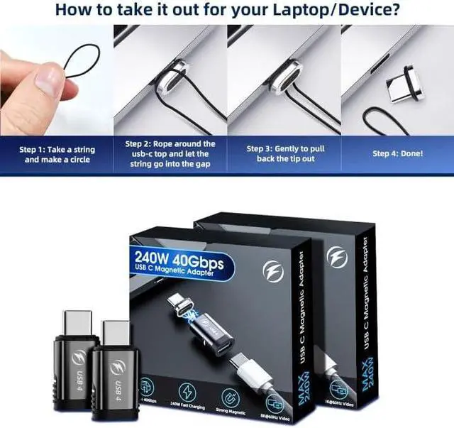 Alt view image 7 of 7 - LUOM Straight USB C Magnetic Adapter,[2 Pack] Type C Connector Support Thunderbolt 3/4,USB4, PD 240W Quick Charge,40Gb/s Data Transfer,8K@60 Hz Video Output for MacBook Pro/Air and More USB-C Devices