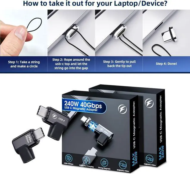 Alt view image 6 of 7 - LUOM Elbow USB C Magnetic Adapter,[2 Pack] Type C Connector Support Thunderbolt 3/4,USB4, PD 240W Quick Charge,40Gb/s Data Transfer,8K@60 Hz Video Output for MacBook Pro/Air and More USB-C Devices