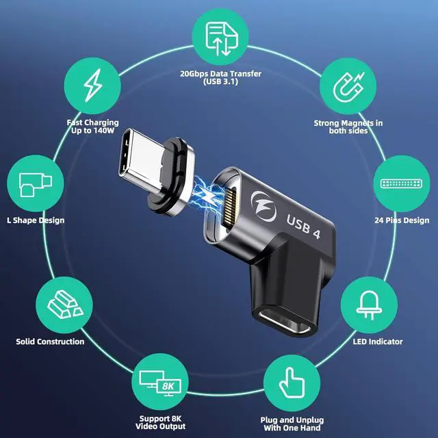 Alt view image 6 of 7 - LUOM Elbow USB C Magnetic Adapter,[2 Pack] Type C Connector Support Thunderbolt 3/4,USB4, PD 140W Quick Charge,20Gb/s Data Transfer,8K@60 Hz Video Output for MacBook Pro/Air and More USB-C Devices
