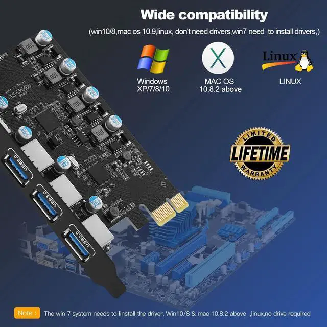 Alt view image 6 of 7 - LUOM 5-Ports PCI-E to USB 3.0 HUB(3X USB C - 2X USB A 3.0) PCI Express Expansion Card Adapter 5Gbps for Motherboard, Fits PCI Express x1, x4, x8 or x16 socket.