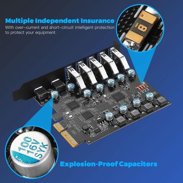 Alt view image 6 of 7 - LUOM 7 Ports Superspeed 5Gbps USB 3.2 PCI Express Expansion Card for Windows 11, 10, 8.x, 7, Vista, XP Desktop PCs, Built in Self-Powered Technology, (2X USB C - 5X USB A)