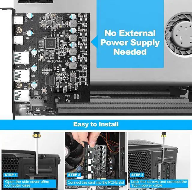 Alt view image 5 of 7 - LUOM 5 Ports Superspeed 5Gbps USB 3.2 PCI Express Expansion Card for Windows 11, 10, 8.x, 7, Vista, XP Desktop PCs, Built in Self-Powered Technology, (2X USB C - 3X USB A)