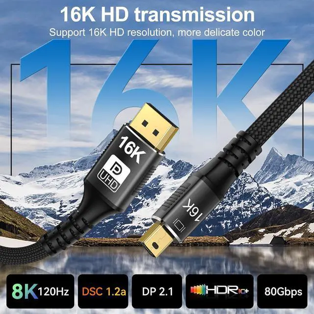 Alt view image 2 of 7 - LUOM 16K Mini DisplayPort to DisplayPort 2.1 Cable, [16K@60Hz, 8K@120Hz, 4K@240Hz] 80Gbps Bi-Directional, HDR, G-Sync, Mini DP [Thunderbolt 2] for Gaming Laptop, MacBook, Monitor,10FT