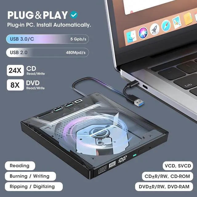 Alt view image 3 of 7 - LUOM External CD DVD Drive, USB 3.0 Optical Disc Drive, SD Card Reader USB 3.0 Hub, CD DVD Burner Writer Reader Player for Laptop MacBook iMac Desktop PC Windows 11/10/8/7/XP Linux Mac OS