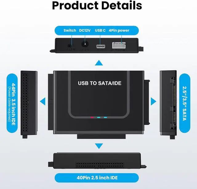 Alt view image 5 of 7 - LUOM USB 3.0/USB C to SATA Adapter Hard Disk Adapter Cable IDE to USB Adapter Universal 2.5/3.5 HDD/SSD 40 pin Hard Drive Adapter Hard Drive Adapter Outfit with 12V/2A Power Adapter