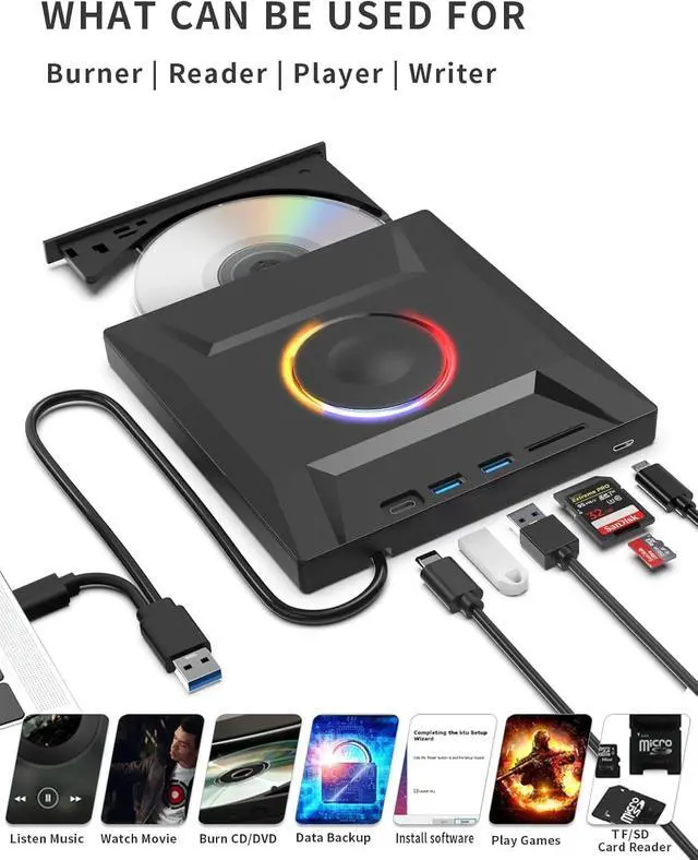 Alt view image 3 of 7 - LUOM Super External CD DVD Drive, USB 3.0 DVD Burner with 3 USB and 2 TF/SD Card Ports, CD DVD Player Reader Writer Optical Disk Drive for Laptop MacBook PC Windows 11/10/8/7 Linux Mac OS