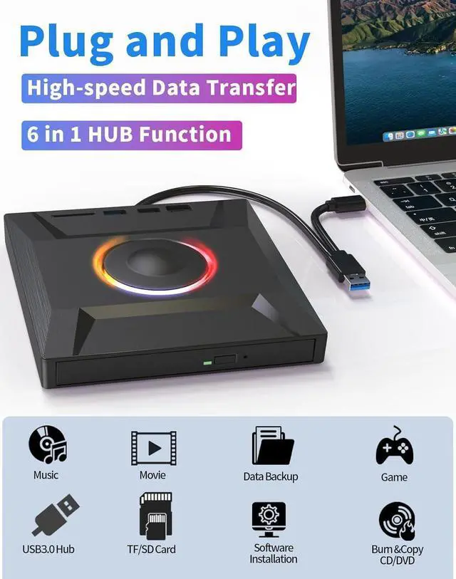 Alt view image 2 of 7 - LUOM 7 in 1 External CD/DVD Drive for Laptop, Portable DVD Player for Laptop with SD/TF Port, External DVD Drive with USB 3.0/Type C, CD Drive USB for Laptop MacBook PC Windows 11/10/8/7 Linux Mac OS