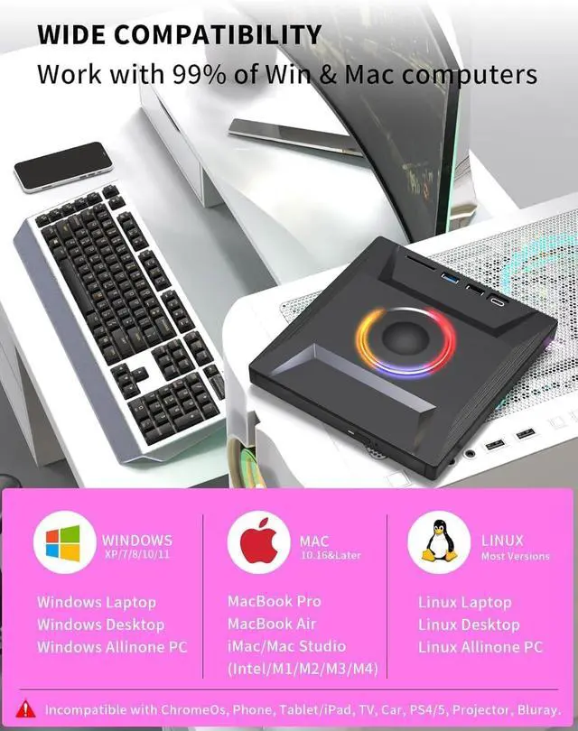 Alt view image 5 of 7 - LUOM 7 in 1 External CD/DVD Drive for Laptop, Portable DVD Player for Laptop with SD/TF Port, External DVD Drive with USB 3.0/Type C, CD Drive USB for Laptop MacBook PC Windows 11/10/8/7 Linux Mac OS