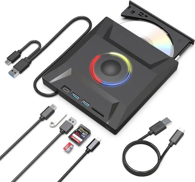 Main image of LUOM 7 in 1 External CD/DVD Drive for Laptop, Portable External CD Drive for PC, USB 3.0 & Type-C CD Burner, CD Reader for PC with SD/TF Card & USB3.0 Port for Desktop Windows Mac Linux