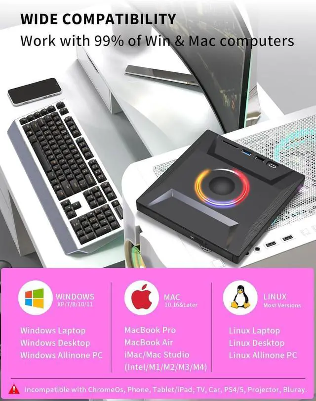 Alt view image 5 of 7 - LUOM 7 in 1 External CD/DVD Drive for Laptop, Portable External CD Drive for PC, USB 3.0 & Type-C CD Burner, CD Reader for PC with SD/TF Card & USB3.0 Port for Desktop Windows Mac Linux