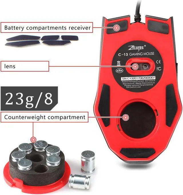 Alt view image 4 of 7 - Zelotes Wired Gaming Mouse, 6 Buttons Programmable, Breathing Light, 3200 DPI,  Weight Tuning Set , Ergonomics for PC,Computer Gamer Mice,Windows 7/8/2000/ME/XP/x64/Vist/Mac OS X for Both Hands- Black